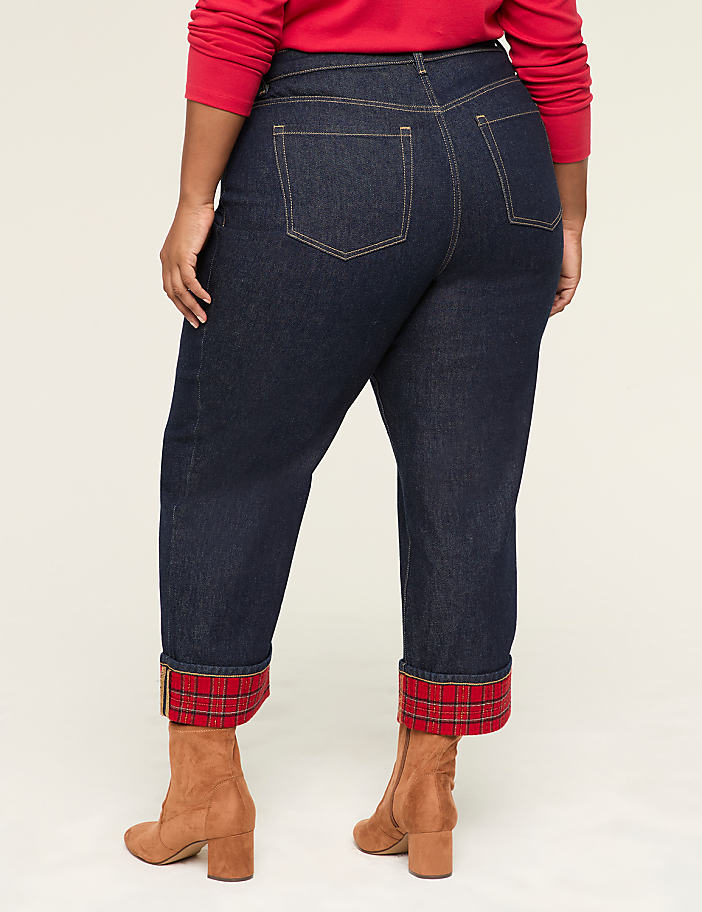 Boyfriend Fit Jean With Lurex Shimmer Plaid Cuff