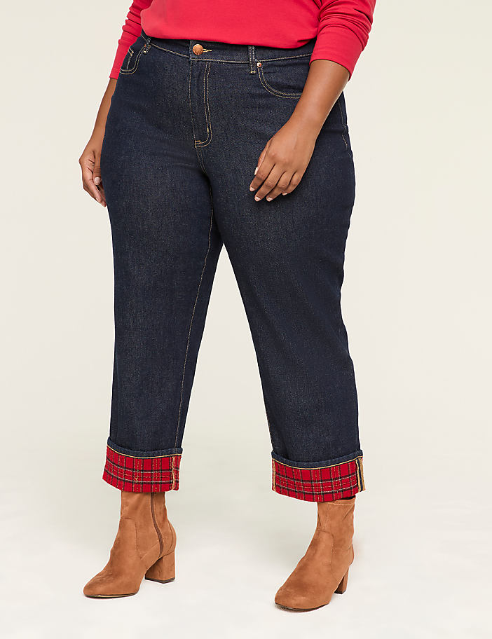 Boyfriend Fit Jean With Lurex Shimmer Plaid Cuff