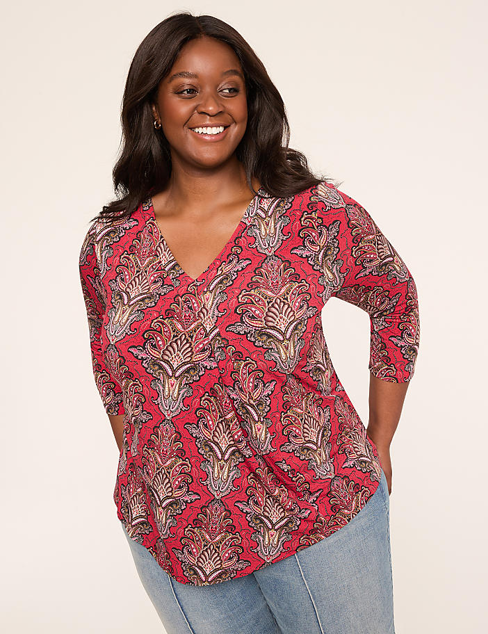 Swing 3/4-Sleeve Pleat-Front Top