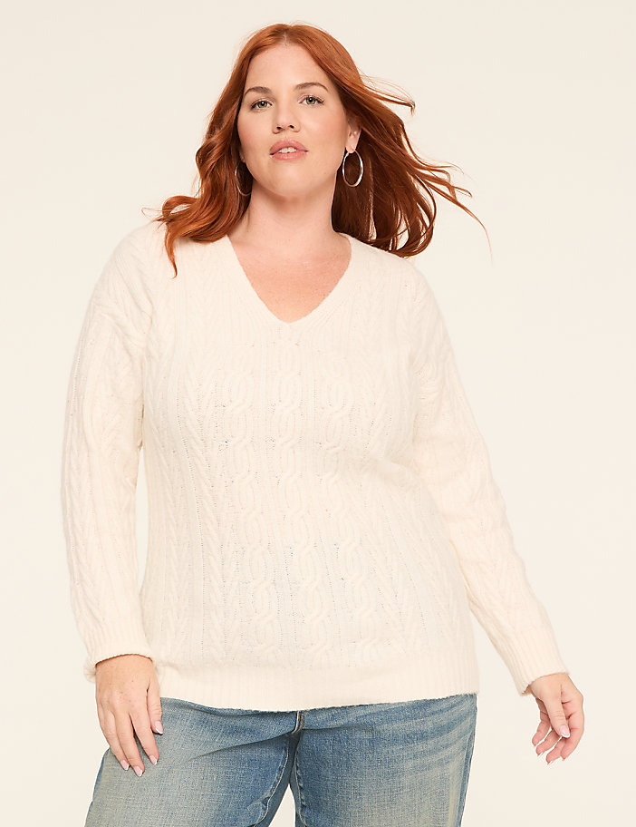 V-Neck Cable Knit Pullover Sweater