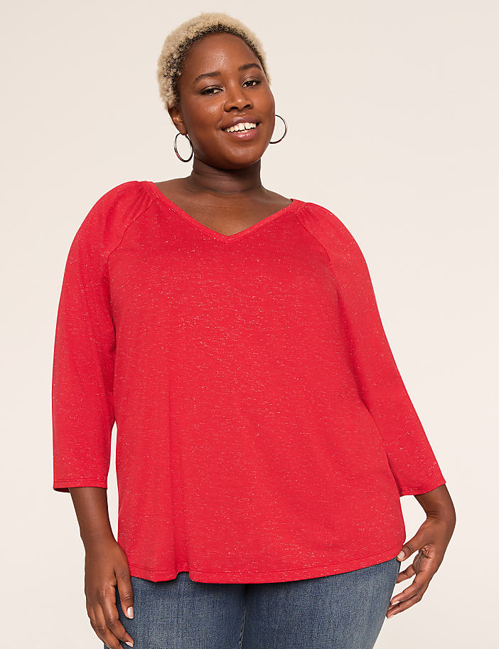Sparkle Smocked-Shoulder Long-Sleeve Top