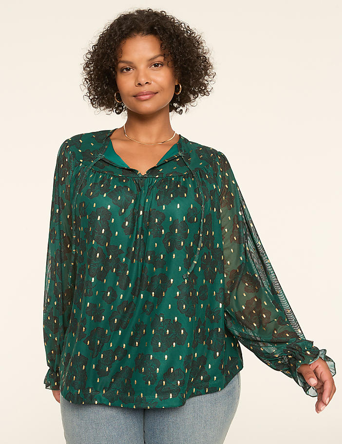 Swing Shimmer Foiled Mesh Tie-Neck Top