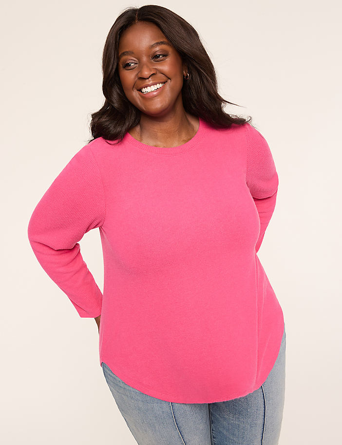 Rib-Sleeve Curved-Hem Top