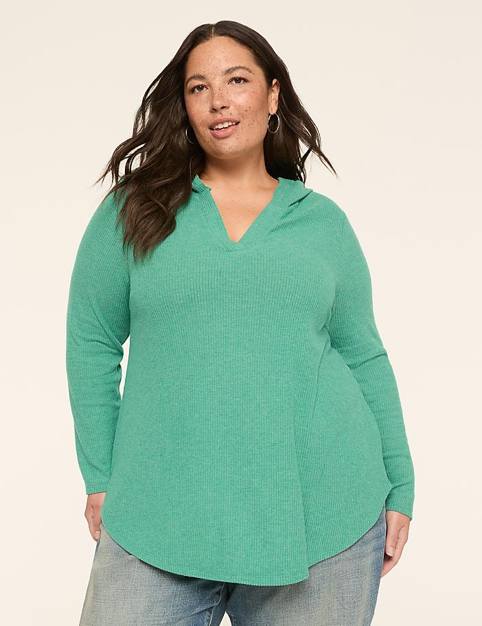 Notch-Neck Curved-Hem Hoodie Top