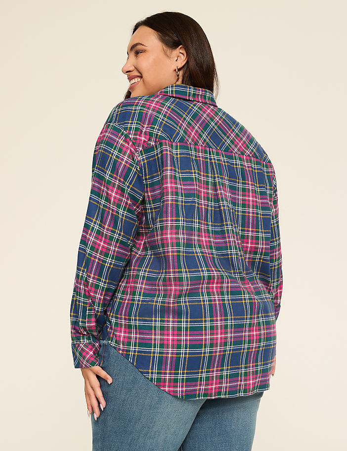 Metallic-Shimmer Button-Down Plaid Top