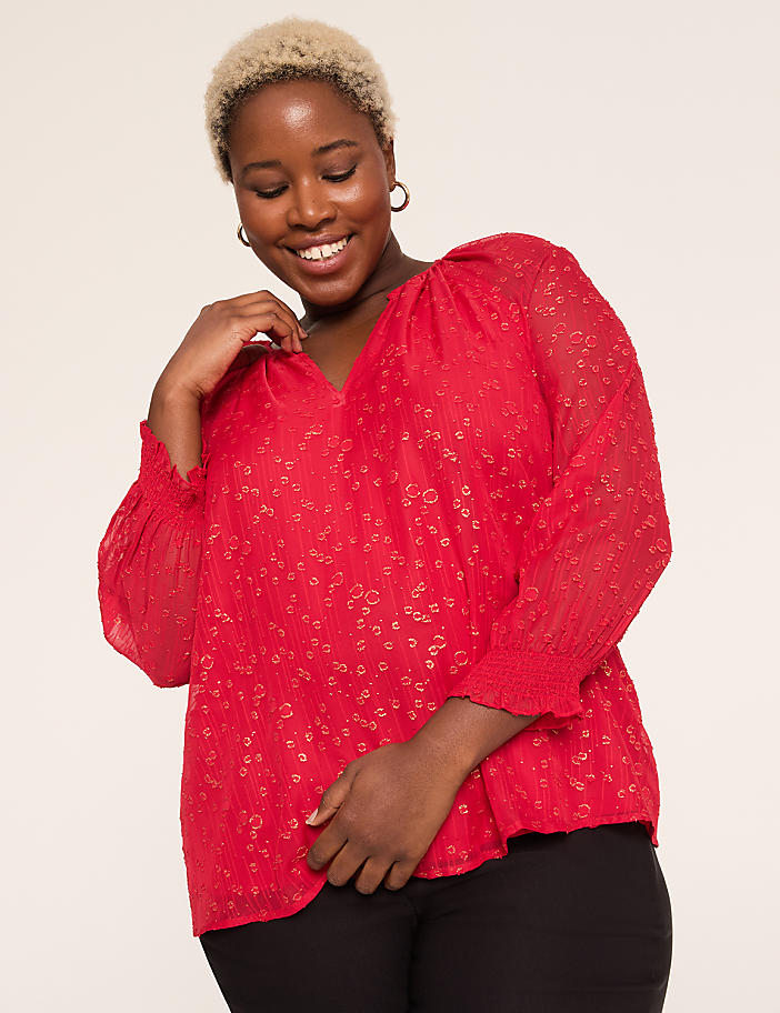 Swing Metallic Split-Neck Popover Blouse