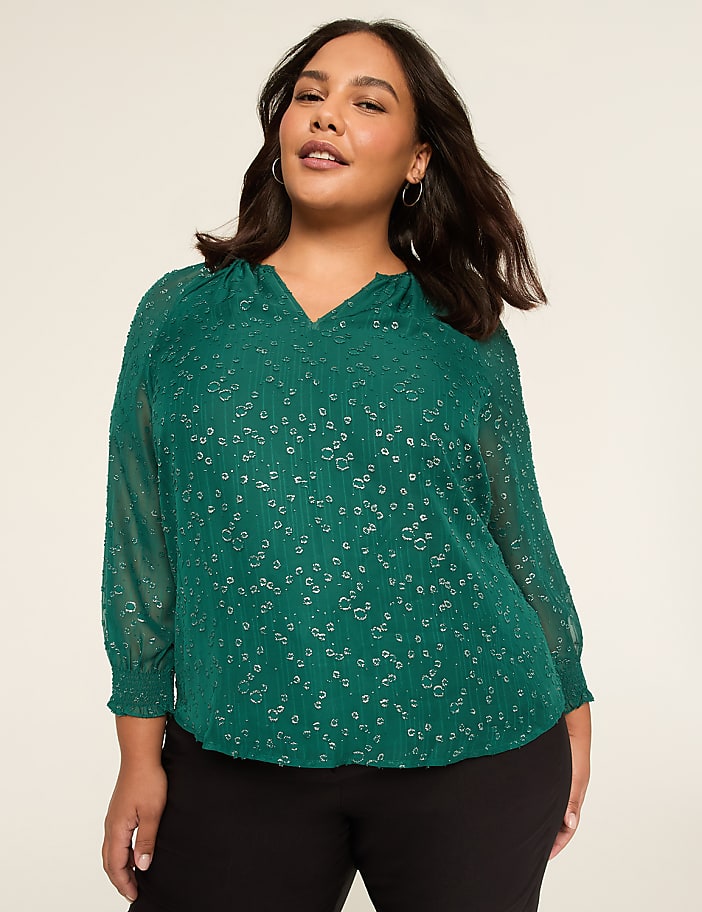 Swing Metallic Split-Neck Popover Blouse