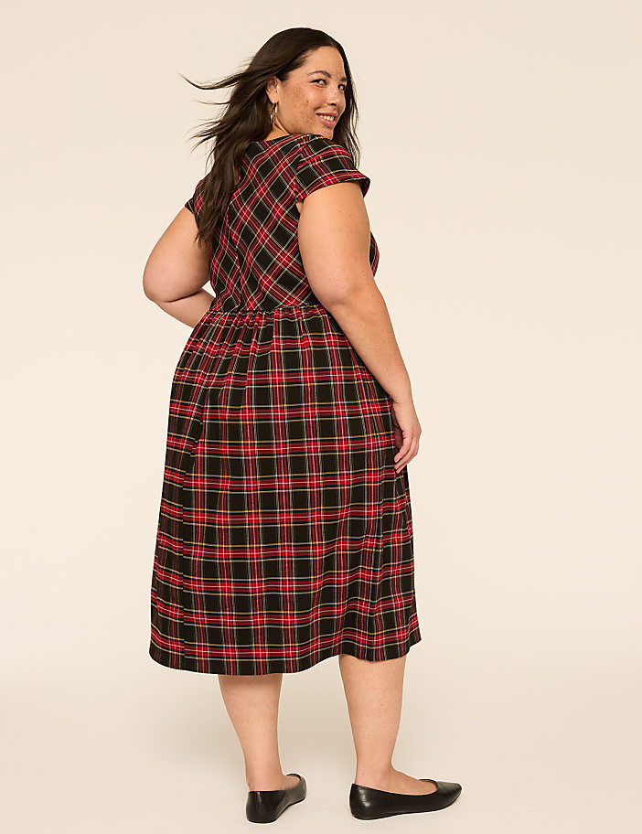 Cap-Sleeve Plaid Midi Dress