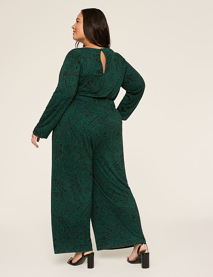 Long-Sleeve V-Neck Smocked-Waist Jumpsuit