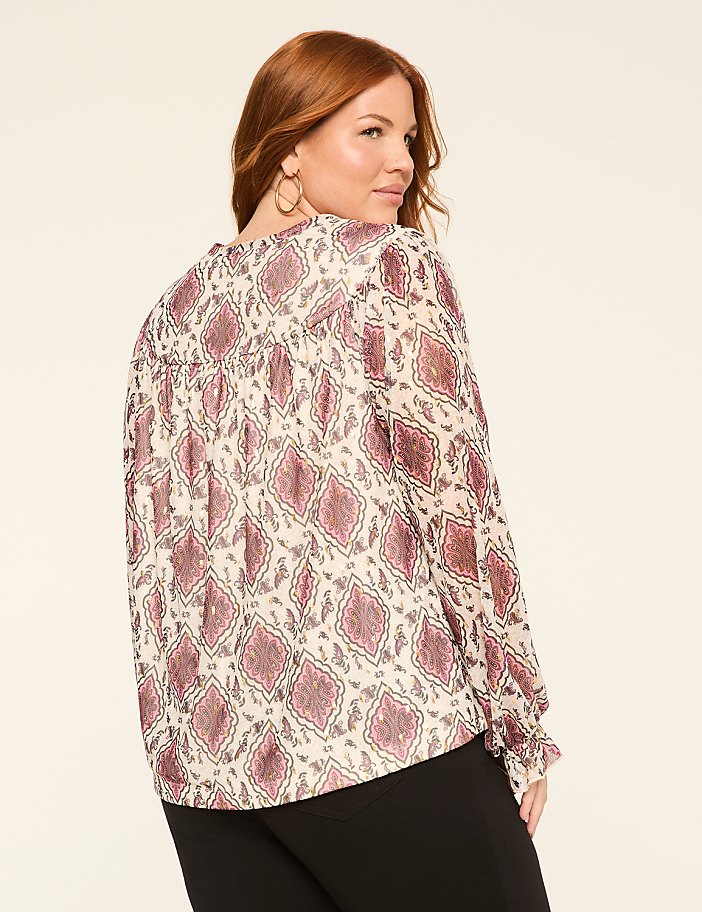 Swing Shimmer Foiled Mesh Tie-Neck Top