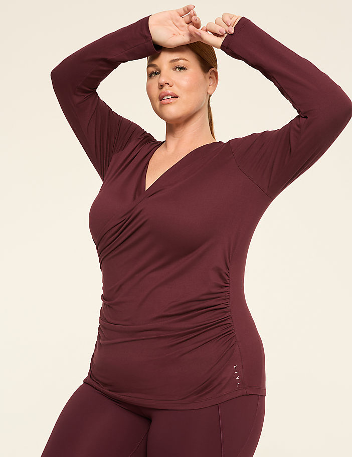 LIVI Soft Faux-Wrap Side-Ruched Top