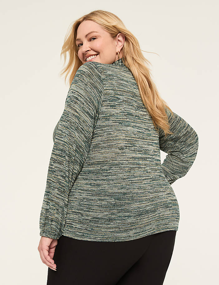 Lurex Blouson-Sleeve Faux-Wrap Bubble-Hem Top