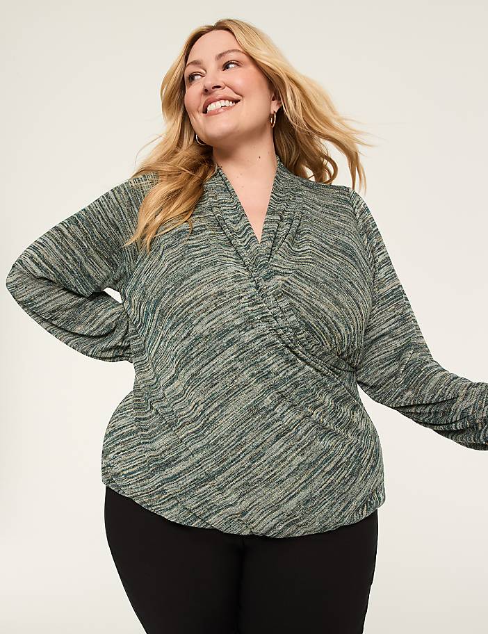 Lurex Blouson-Sleeve Faux-Wrap Bubble-Hem Top