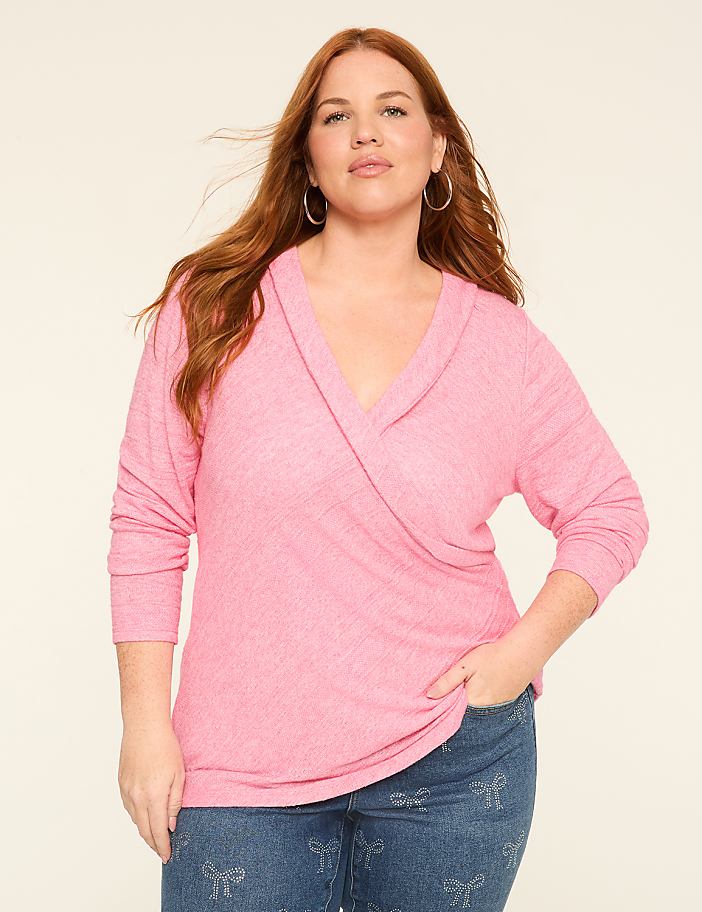 Long-Sleeve Faux-Wrap Textured Knit Top