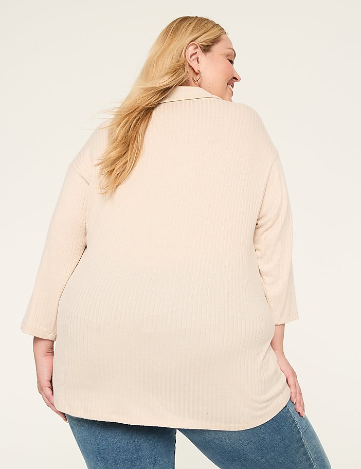 3/4-Sleeve Ribbed Knit Polo Top