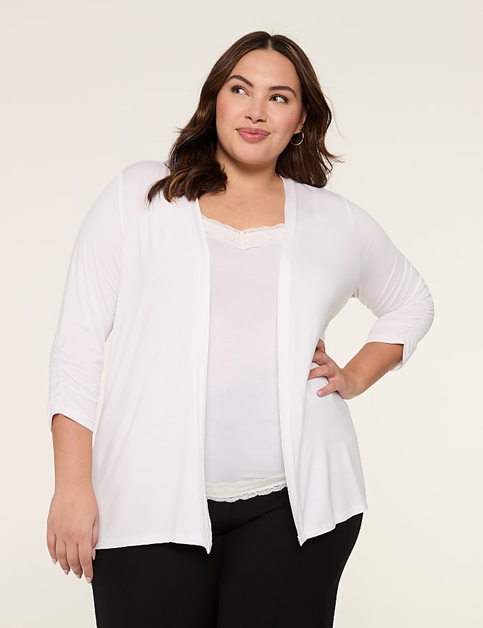 3/4 Ruched-Sleeve Open-Front Overpiece