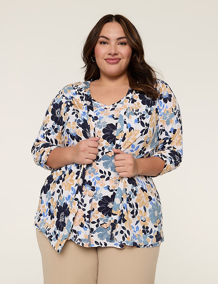 3/4 Ruched-Sleeve Open-Front Overpiece