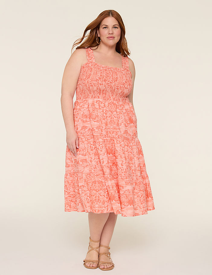 Sleeveless Smocked-Bodice Tiered Midi Dress