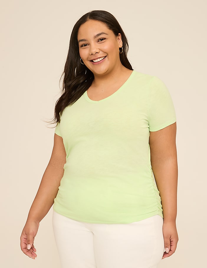 Short-Sleeve V-Neck Side-Ruched Tee