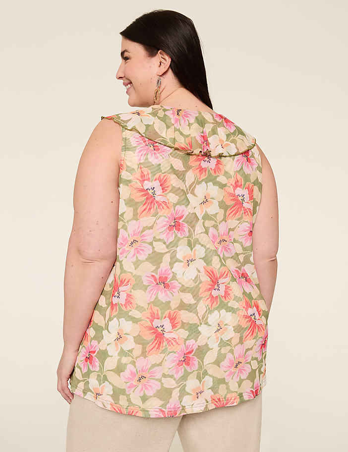 Sleeveless Ruffle V-Neck Mesh Top