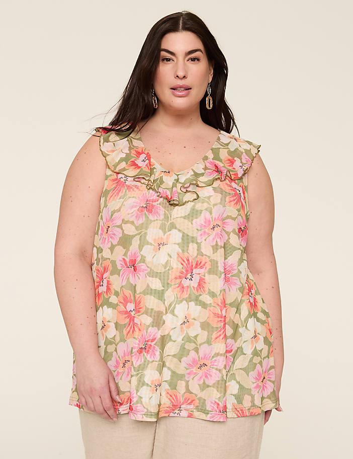 Sleeveless Ruffle V-Neck Mesh Top