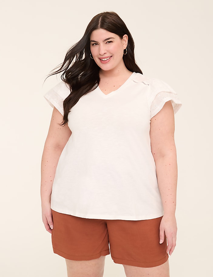 Eyelet-Sleeve V-Neck Top