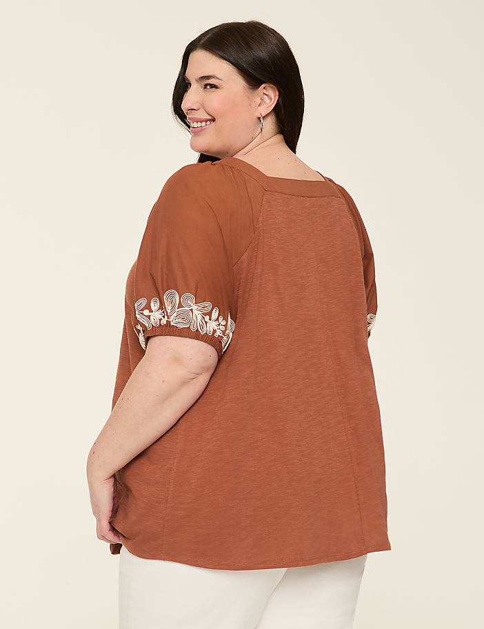 Embroidered Puff-Sleeve Square-Neck Top