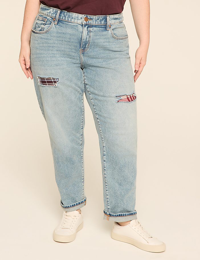 Boyfriend Fit Plaid-Detail Jean