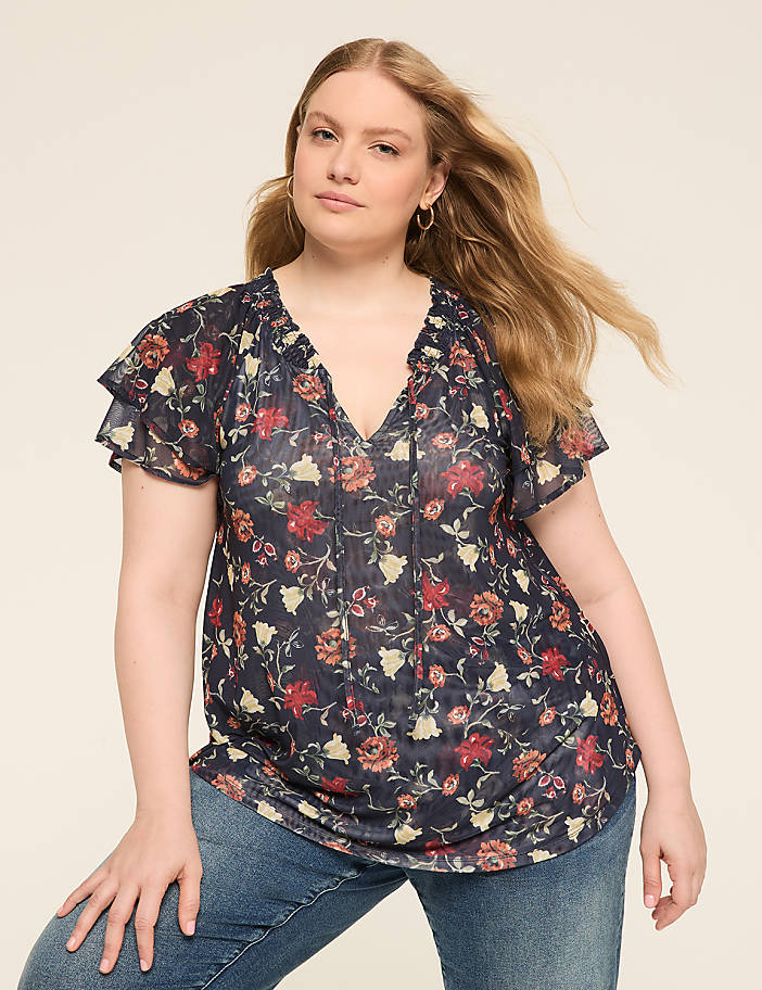 Mesh Smocked Tie-Neck Top