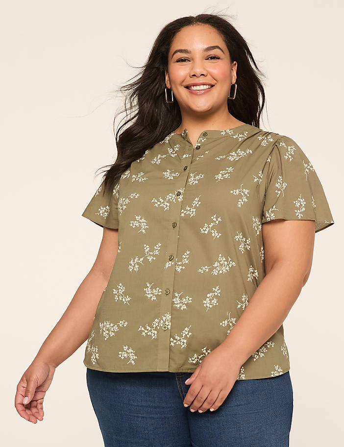 Swing Flutter-Sleeve Button-Down Blouse