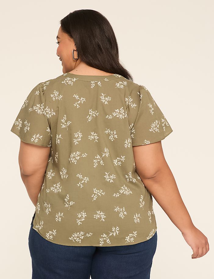 Swing Flutter-Sleeve Button-Down Blouse