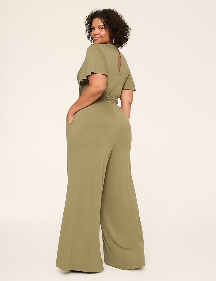 Flutter-Sleeve Smocked-Waist Jumpsuit
