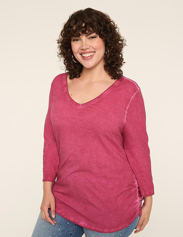 3/4-Sleeve V-Neck Side-Ruched Top
