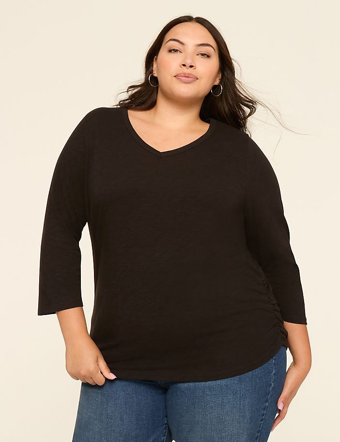 3/4-Sleeve V-Neck Side-Ruched Top