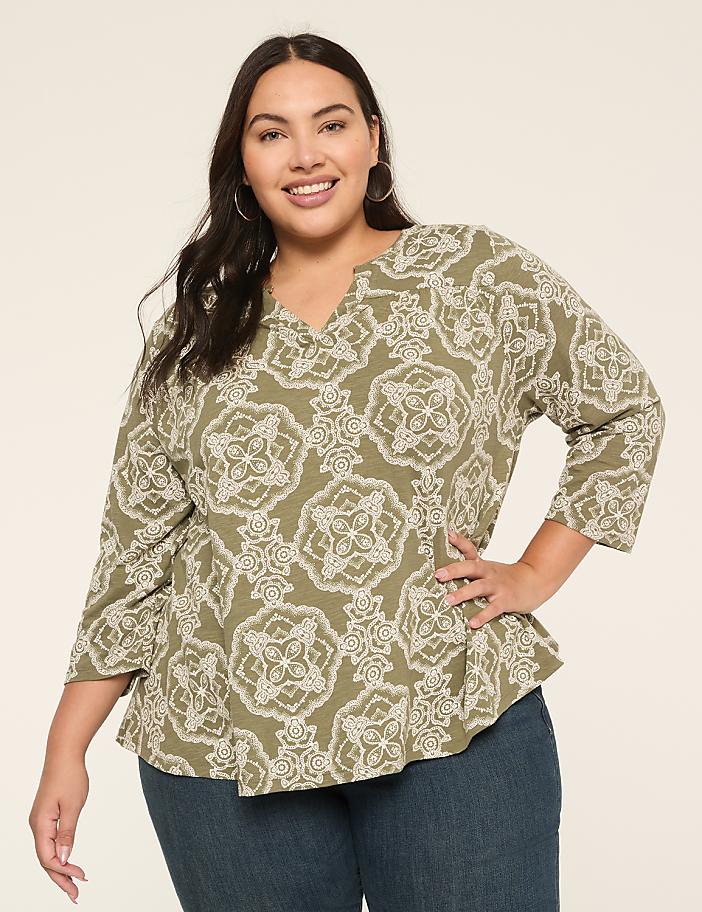 3/4-Sleeve Notch-Neck Top