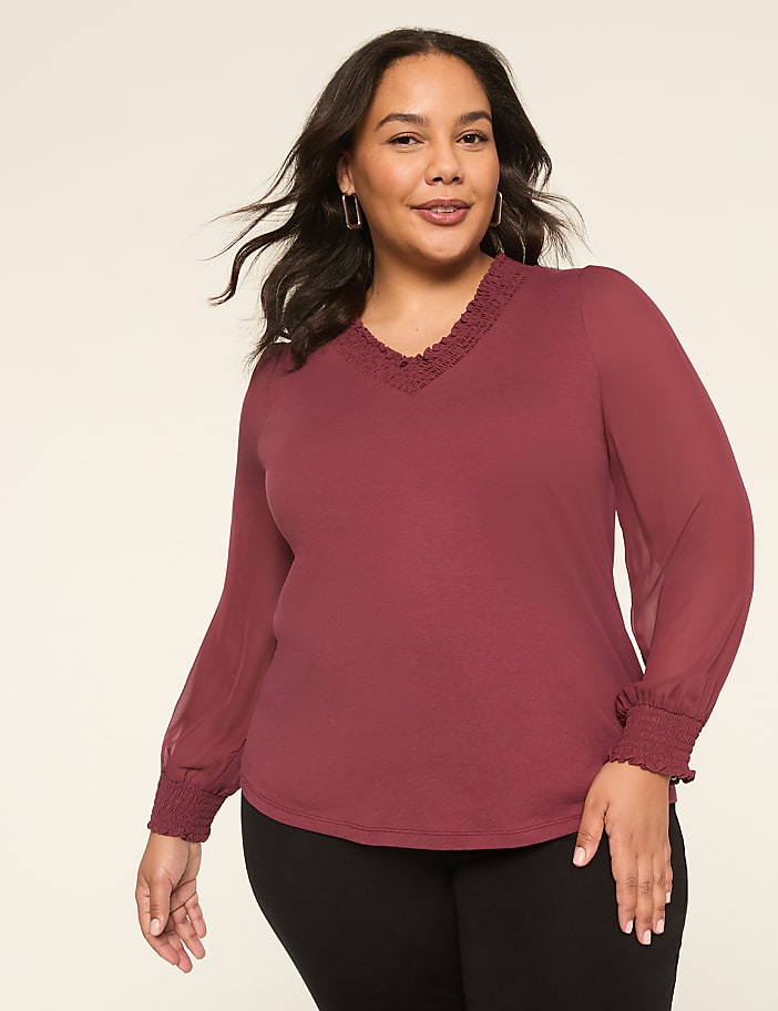 Knit & Woven Smocked V-Neck Top