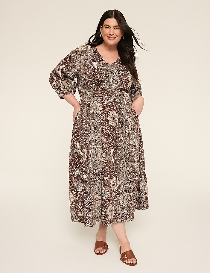 3/4-Sleeve Elastic-Waist Maxi Dress