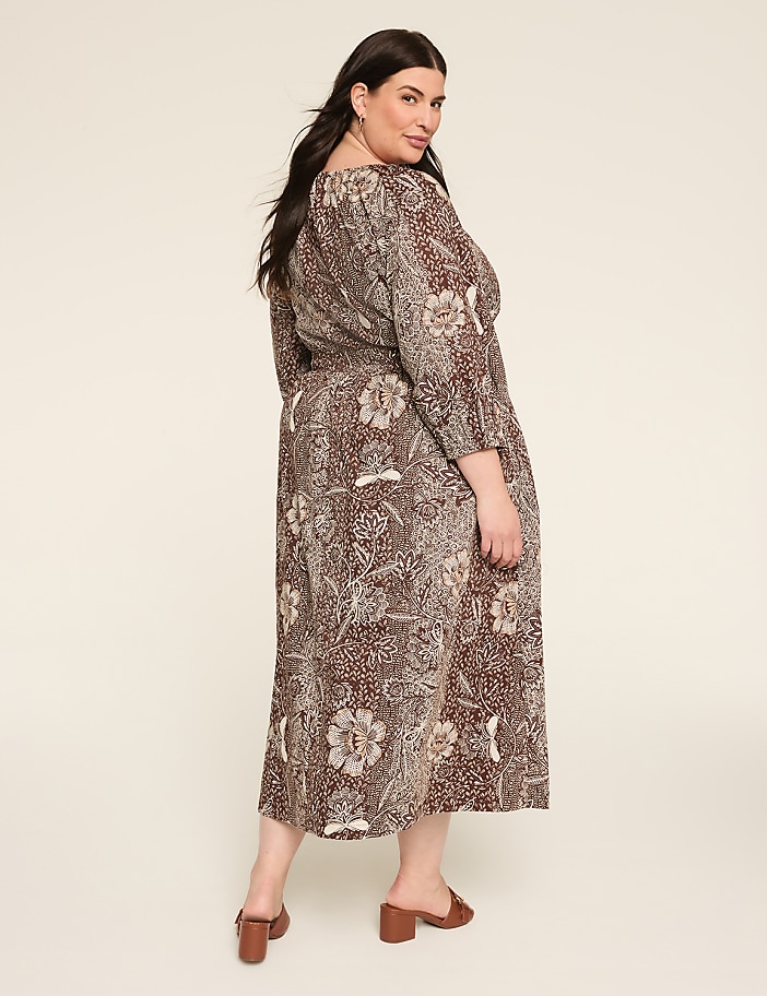 3/4-Sleeve Elastic-Waist Maxi Dress