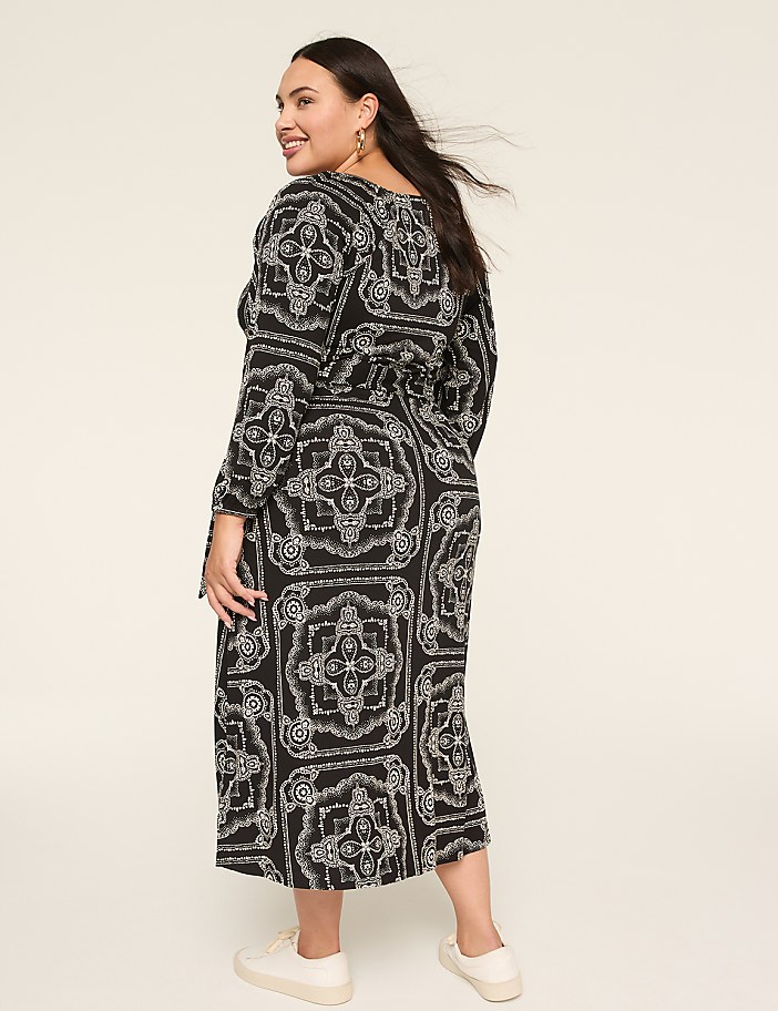3/4-Sleeve Tie-Waist Midi Dress