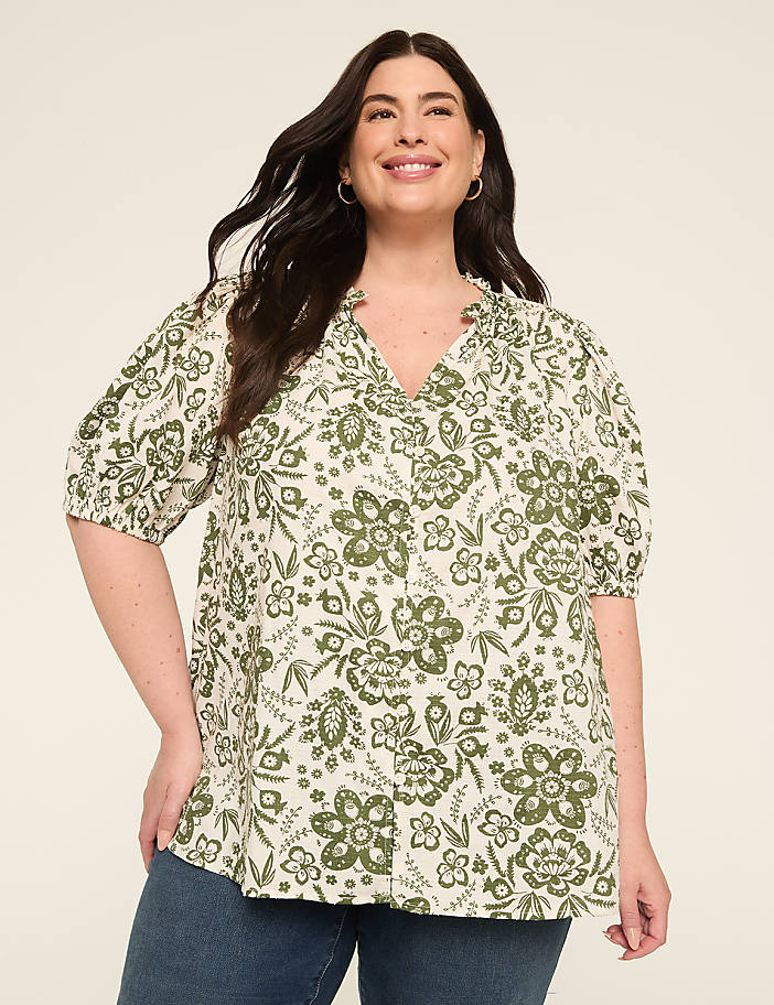 Swing Bubble-Sleeve Button-Front Blouse