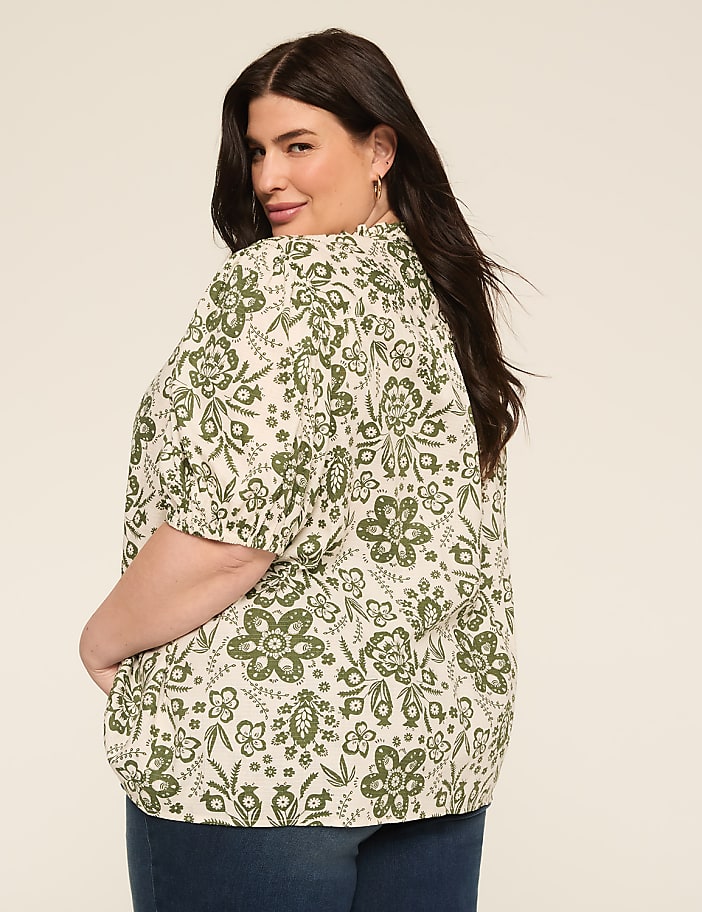 Swing Bubble-Sleeve Button-Front Blouse