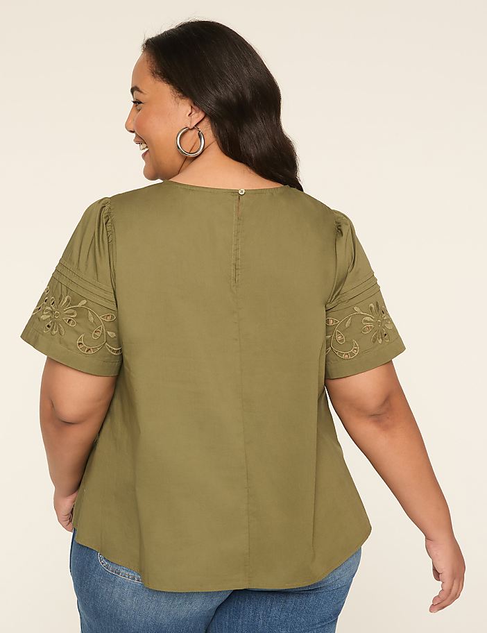 Embroidered Flutter-Sleeve Popover Blouse