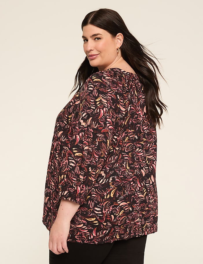 Swing 3/4-Sleeve Split-Neck Popover Blouse