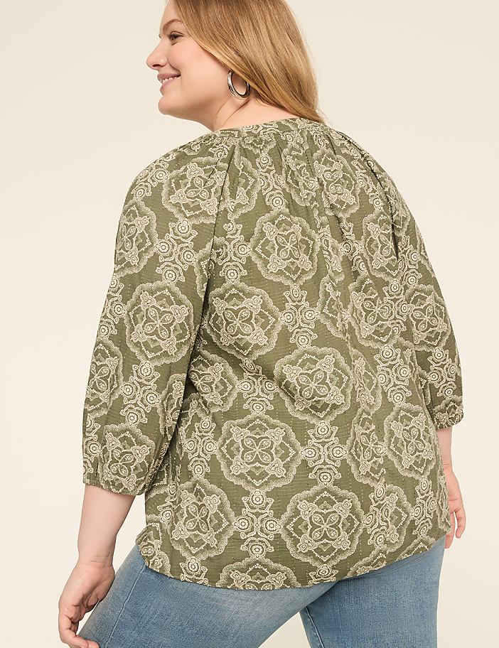 Swing 3/4-Sleeve Split-Neck Popover Blouse