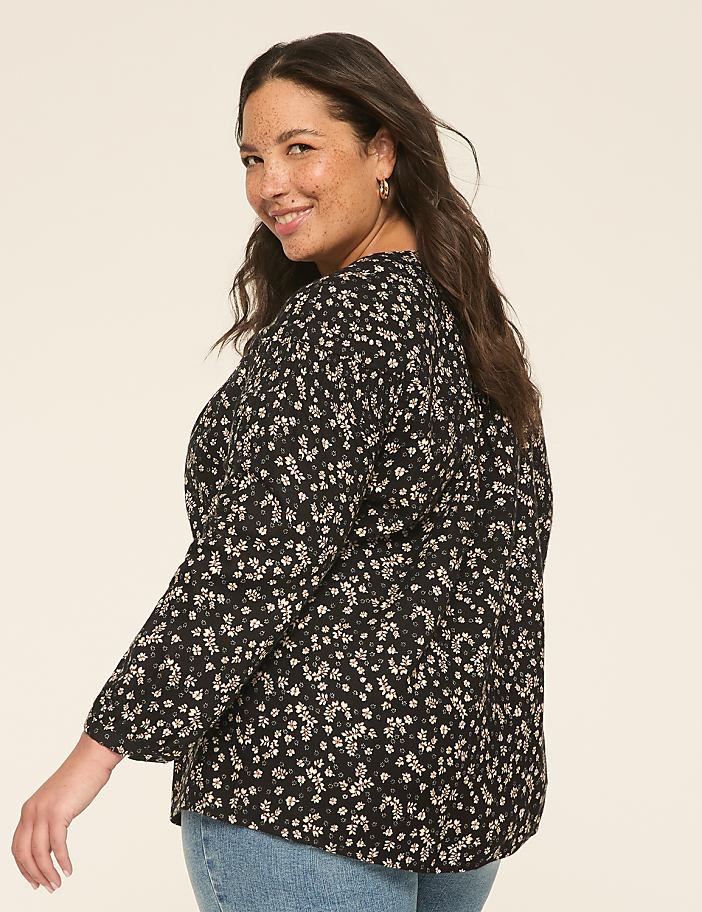 Bracelet-Sleeve Smocked-Shoulder Popover Blouse