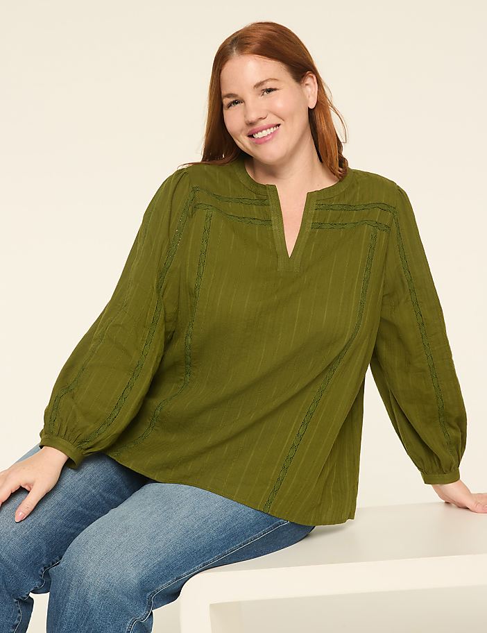 Trim-Detail Split-Neck Popover Blouse