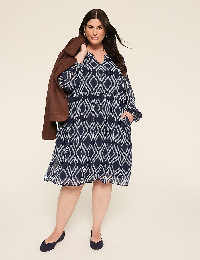 Long-Sleeve Split-Neck Dress
