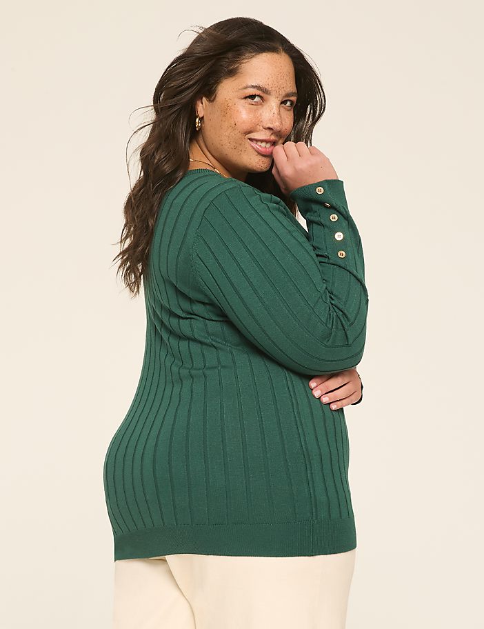 Button-Sleeve Ribbed Pullover Sweater