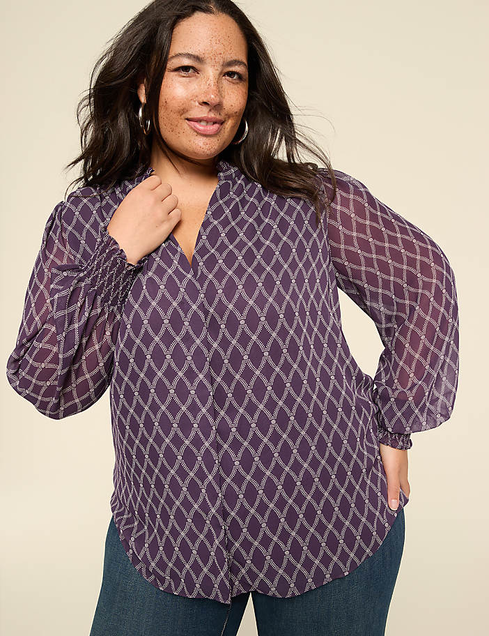 Bracelet-Sleeve Ruffle & Button-Front Blouse