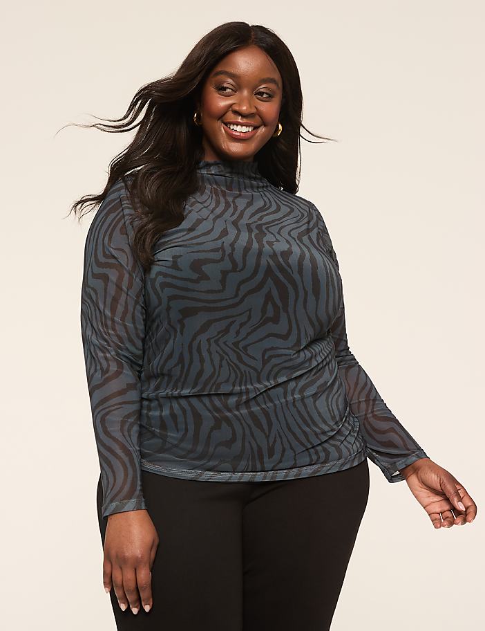 Mesh Mock-Neck Side-Ruched Top